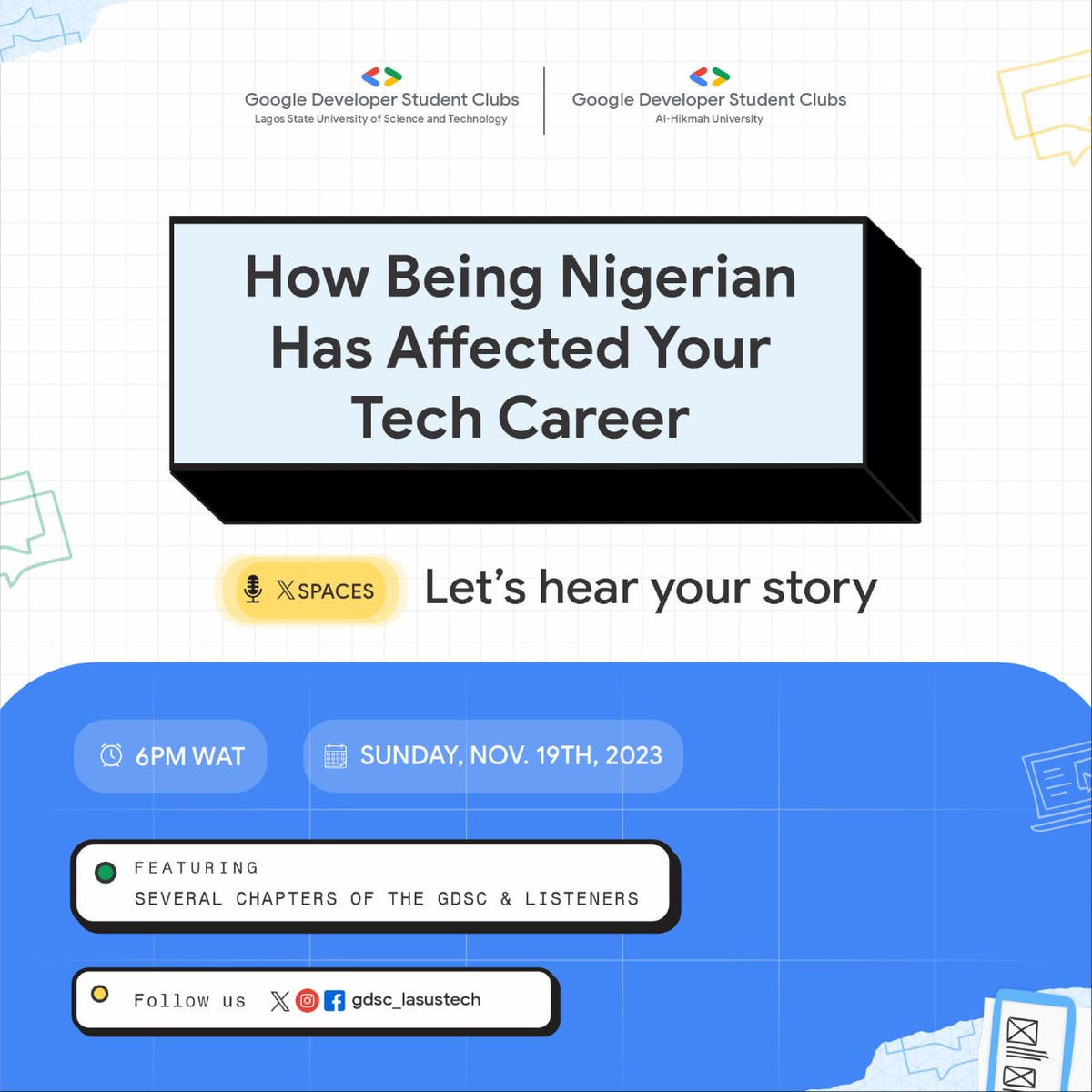 gdgoc_hui's tweet image. Join us this Sunday by 6PM on X spaces 💥
Let&apos;s hear your stories and learn how to navigate your tech journey as a Nigerian with ease💫
Click link to set a reminder 👉🏽: x.com/i/spaces/1jMJg…

#GoogleDevelopersStudentsClub #gdschui