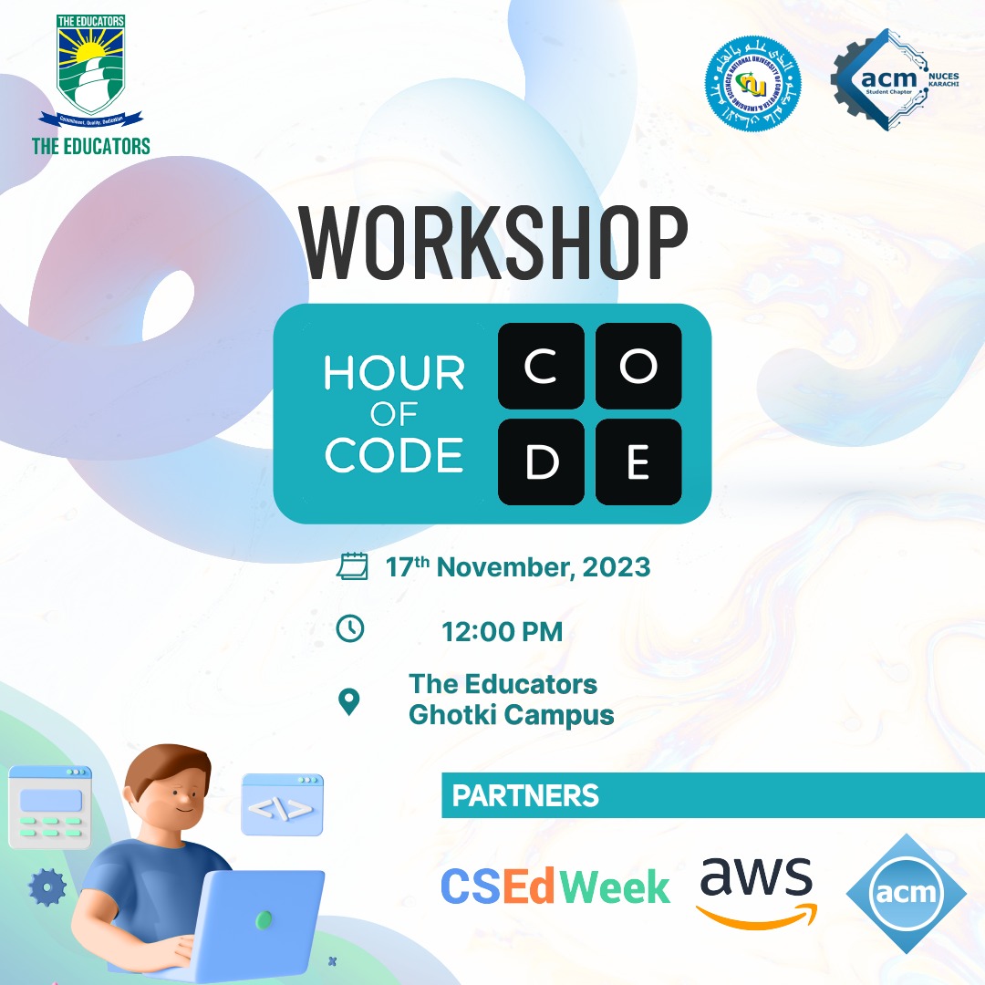 acmnuceskhi's tweet photo. Proudly organized by Educators Ghotki Campus and ACM NUCES Karachi, in collaboration with CSEdWeek, Amazon Web Services (AWS), and Association for Computing Machinery (ACM). https://t.co/NzE068wPu0