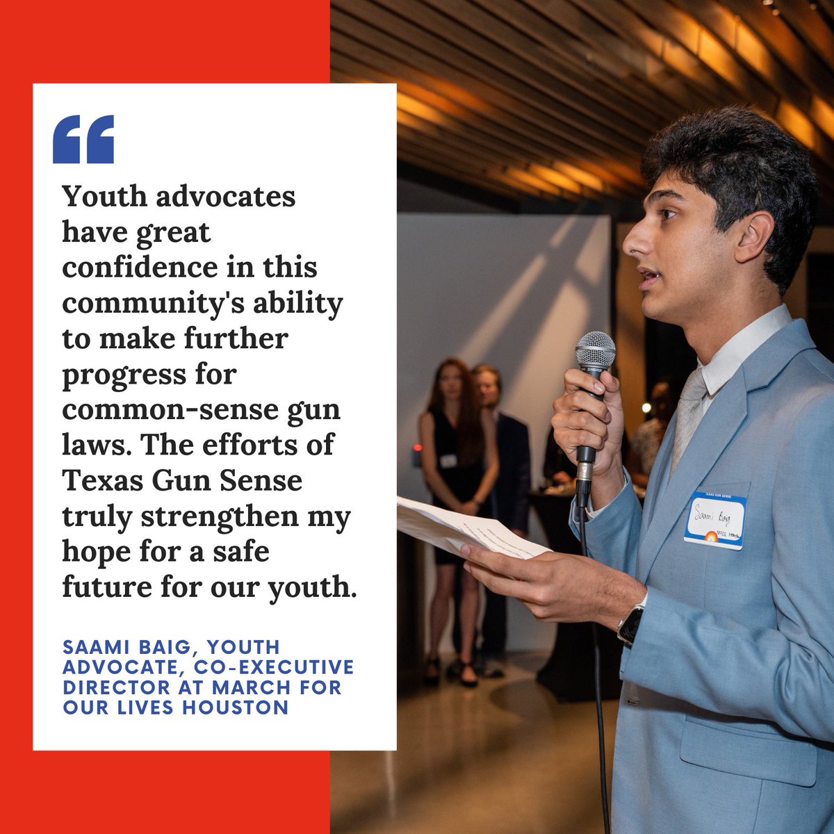 Our fall event, A Safer Texas, was an opportunity to come together to pause, reflect, &amp; celebrate the progress that we’ve made together. Saami Baig, Co-Executive Director of Houston March for Our Lives, spoke from a high school student’s perspective about gun violence prevention.