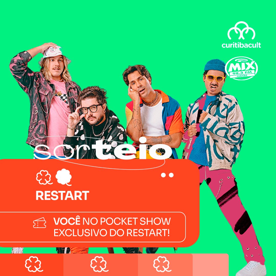 🍀 SORTEIO - POCKET SHOHW EXCLUSIVO DO RESTART 🍀

E eu vou te esperar… vou esperar pra te ver no POCKET SHOW EXCLUSIVO do Restart! Finalmente estamos aqui pra anunciar que o pocket show do Restart em Curitiba rola no dia 24 de novembro às 19h! É claro que não vamos te deixar