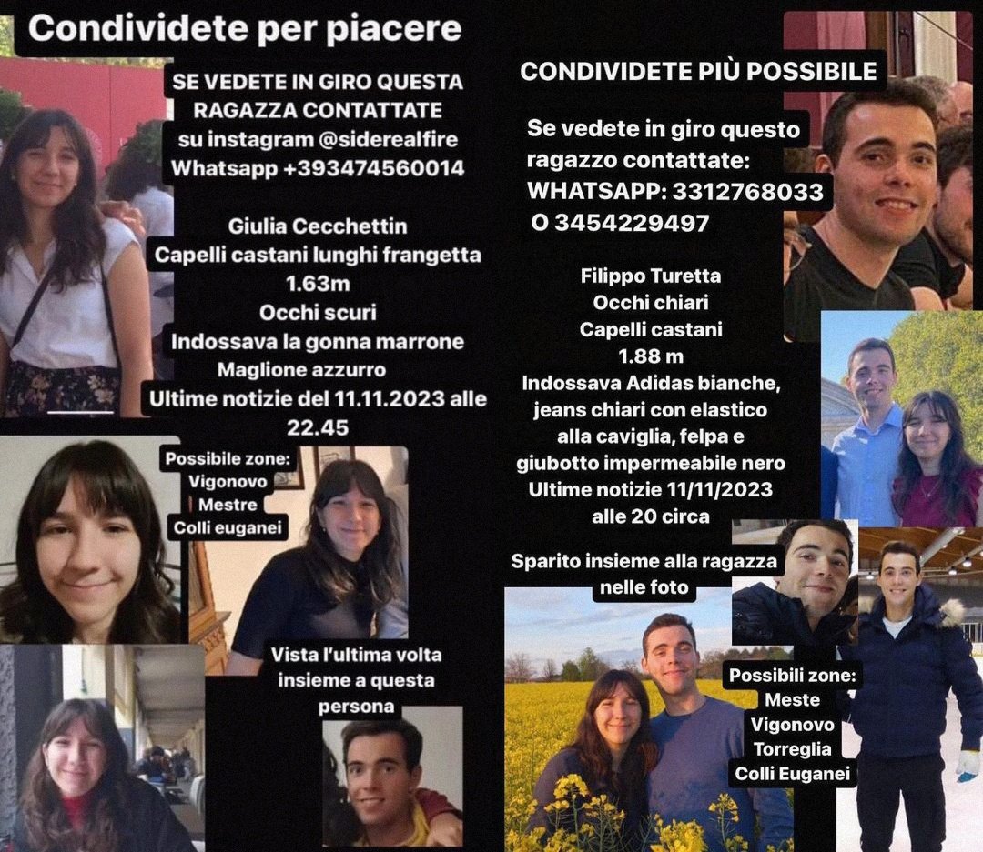 itsmellena's tweet photo. Due ragazze scomparse nel giro di pochi giorni.
L'unica cosa che posdiamo fare è condividere e tenere gli occhi aperti in giro.
#giuliacecchettin https://t.co/L4m03kr7io