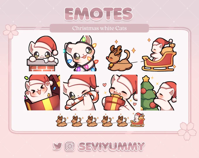 🎄New Christmas cat emotes available on my shop! ^^  ✨$10 usd the whole set✨  🩷 You can find them in white, black, gray and orange variants!  https://etsy.com/shop/SeviYummy 