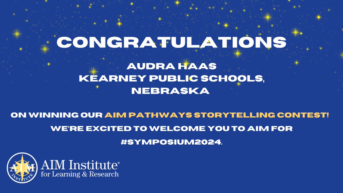 AIMtoLearn's tweet photo. 🎉 Congratulations to our #AIMPathways story contest winner Audra Haas, who wins a trip to #AIMSymposium2024 on 3/11! Read her story below and keep an eye out for stories from our 5 finalists and other entrants in the weeks to come. #PartnerforImpact @nde_news https://t.co/7ula5MOV9l