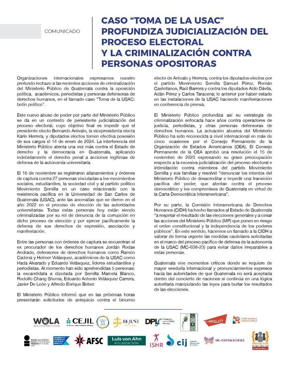 #Guatemala 🇬🇹 | Nos unimos a organizaciones internacionales en rechazar los actos de criminalización contra personas defensoras de #DDHH, oposición política, académicos y periodistas en el caso “Toma de la USAC” por el <a href="/MPguatemala/">MP de Guatemala</a>. 

Abrimos hilo.