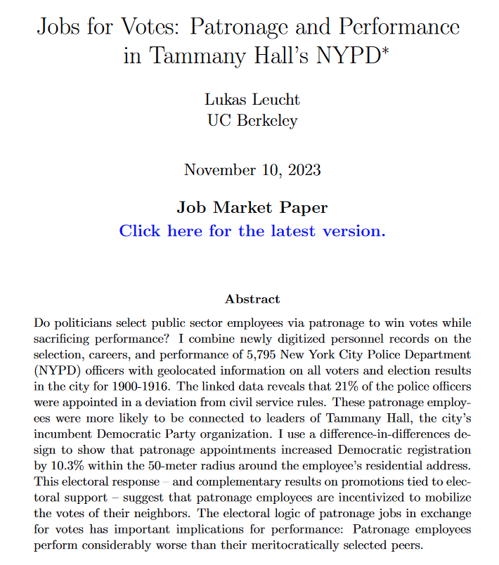 @LukasLeucht from UC Berkeley is on the job market this year with an excellent paper on 'Votes for Jobs: Patronage and Performance in Tammany Hall's NYPD' - be sure to have a close look at his paper and profile! lukasleucht.com #EconJobMarket