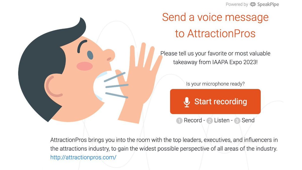 AttractionPros (@attractionpros) on Twitter photo Speak early! Speak often! Speak quickly... you only have so much time in the SpeakPipe! But it should be enough to share your greatest takeaways or learnings from the <a href="/IAAPA/">Unofficial IAAPA</a> Expo!
Tell us your story!!
buff.ly/3QHewfr Speak early! Speak often! Speak quickly... you only have so much time in the SpeakPipe! But it should be enough to share your greatest takeaways or learnings from the <a href="/IAAPA/">Unofficial IAAPA</a> Expo!
Tell us your story!!
buff.ly/3QHewfr