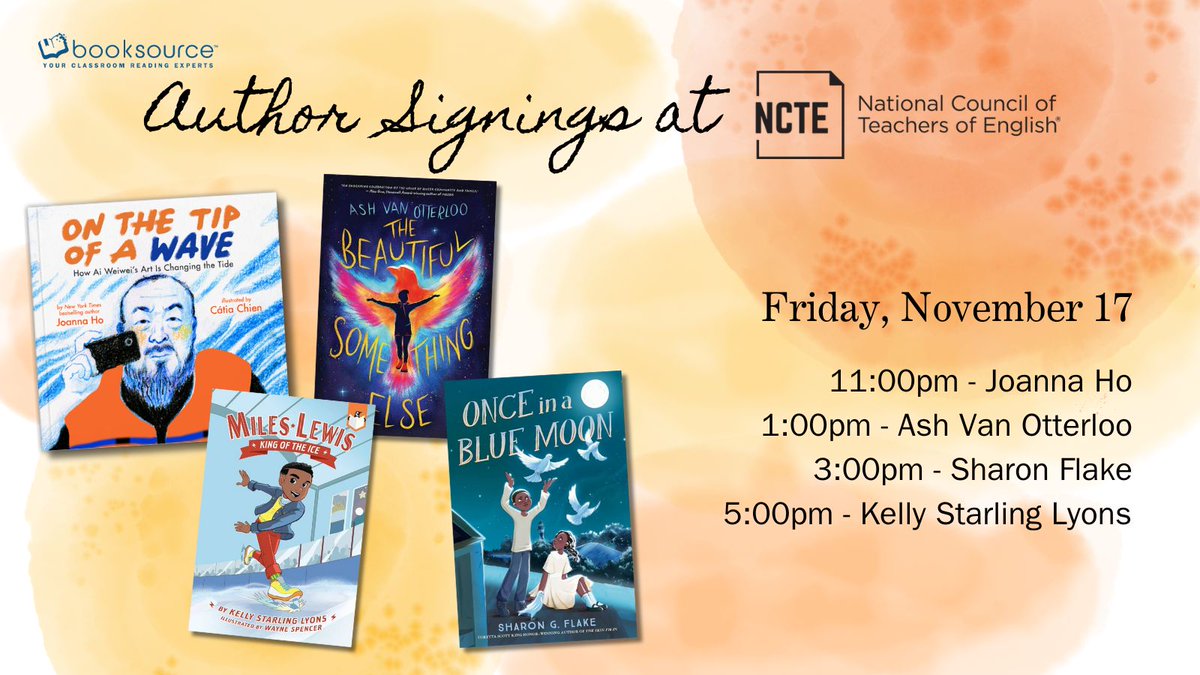 Booksource's tweet photo. Stop by our booth at @ncte this weekend for book signings with some very special authors, including @lxgino, @joannahowrites, and @AshVanOtterloo!
We can’t wait to see you!
#Booksource #Booksourceclassroom #NCTE #NCTE23 #NCTEVillage #authorsigning https://t.co/iMts57ZHPr