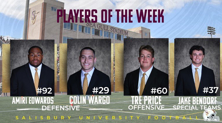 SeaGullFootball's tweet photo. Players of the Week
So. Amiri Edwards
Fr. Colin Wargo
Jr. Tre Price
Jr. Jake Bendorf
#GoGulls #GoldPride https://t.co/984KlZreoZ