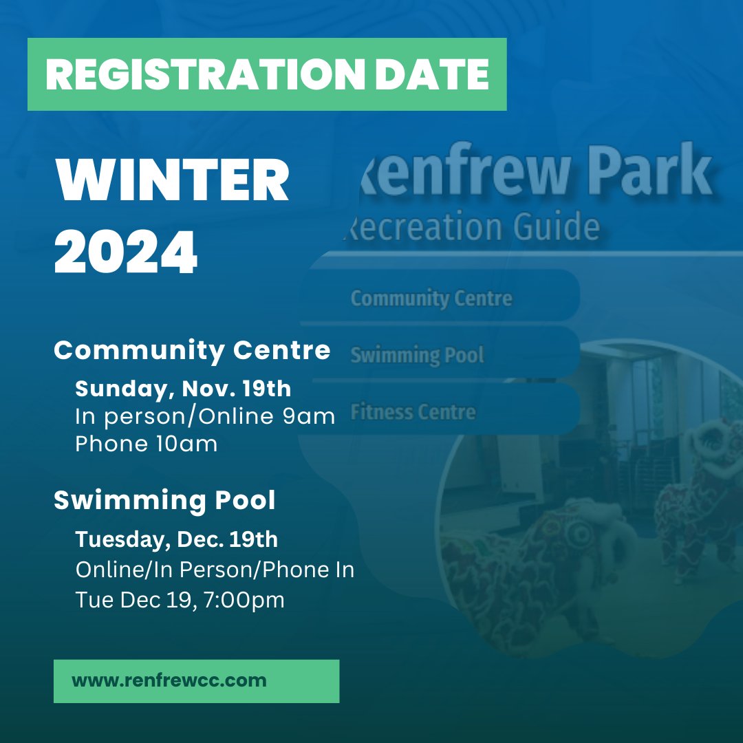 Mark your calendars and get ready for Winter 2024! Registration for our Community Centre Program starts on Nov 19th. renfrewcc.com/programs/regis…