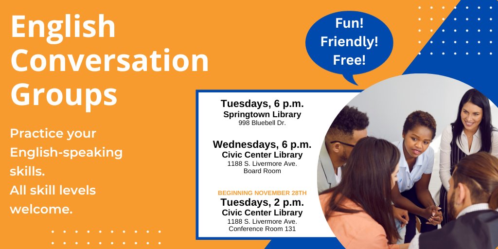 #EnglishConversationGroups is adding a 2pm Tue session @ #CivicCenterLibrary which begins 11/28/23! We're here to help build confidence in your English speaking skills. Groups are facilitated by friendly volunteers. Meet other learners. All levels welcome. Call 925-373-5507 w/ ?s