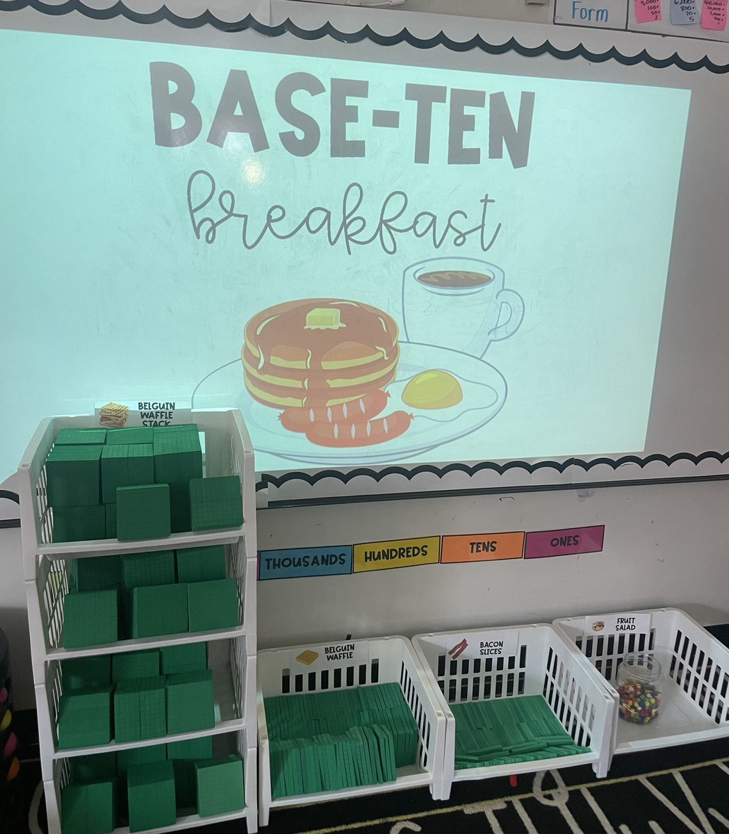 PowellinPrimary's tweet image. Our Base-Ten Breakfast 🧇 🍳 

Ss used base-10 block waffles 🧇 , bacon 🥓, and fruit salad🍉 🍏 to compose/decompose numbers in various ways. 

#thirdgrade #placevalue #sbcebobcats