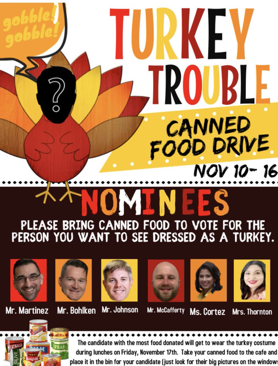 Panther Nation we only need 215 pounds of canned food to reach our 1000 pound goal!!! Bring in your canned food tomorrow .. Mr. McCafferty is in Turkey Trouble!!@OCJenn_Bishop