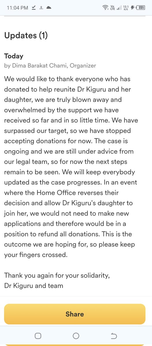 I am overwhelmed by all the support I have received in the past few days. Thank you. Asante. We have hit and surpassed the target in the crowdfunder and so we have stopped accepting donations for now. We will keep providing updates as the case progresses. My baby is coming home!