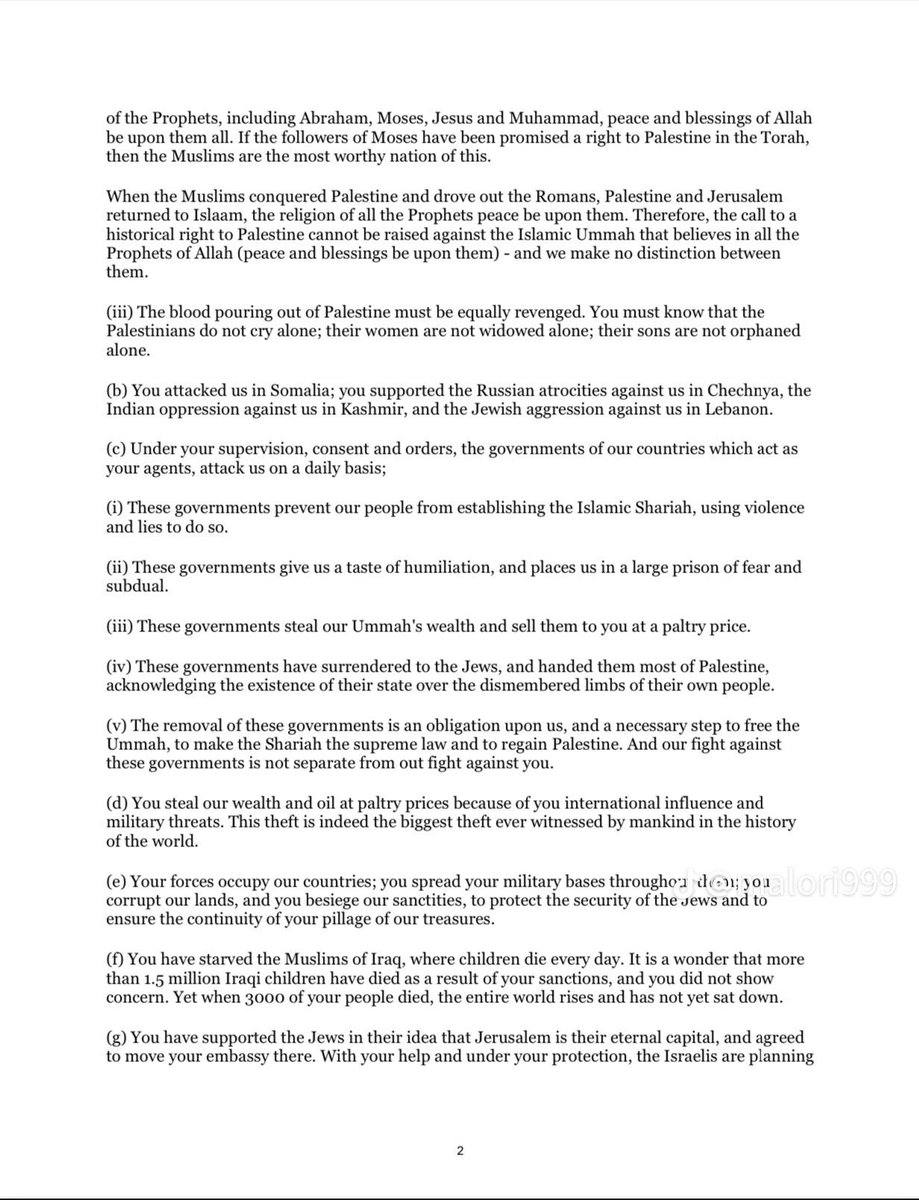 RFR63166391's tweet photo. In 2002, Osama Bin Laden wrote a letter to America and its been translated and posted on The Guardian's website for 22 years but when people started to talk about it, they took it down. So, here is the whole letter https://t.co/9SkyxbvqPC