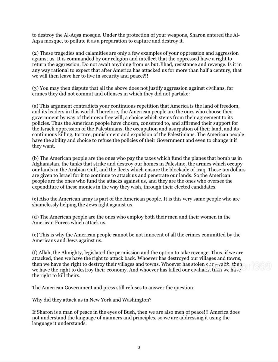 RFR63166391's tweet photo. In 2002, Osama Bin Laden wrote a letter to America and its been translated and posted on The Guardian's website for 22 years but when people started to talk about it, they took it down. So, here is the whole letter https://t.co/9SkyxbvqPC