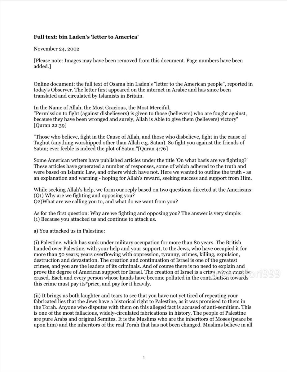 RFR63166391's tweet photo. In 2002, Osama Bin Laden wrote a letter to America and its been translated and posted on The Guardian's website for 22 years but when people started to talk about it, they took it down. So, here is the whole letter https://t.co/9SkyxbvqPC