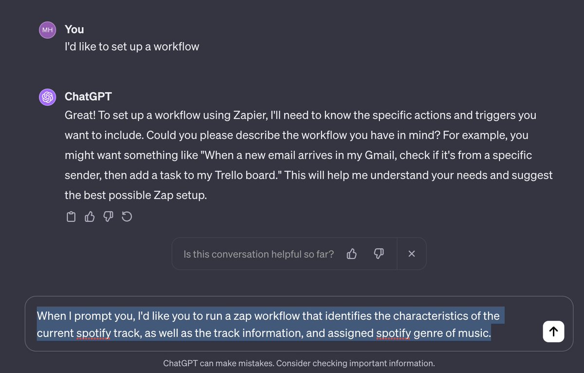 Can #chatgpt tell you anything about the music you're listening to? I started playing around with #gptplugins and spun up a #spotify integration using #zapier. (1/5)