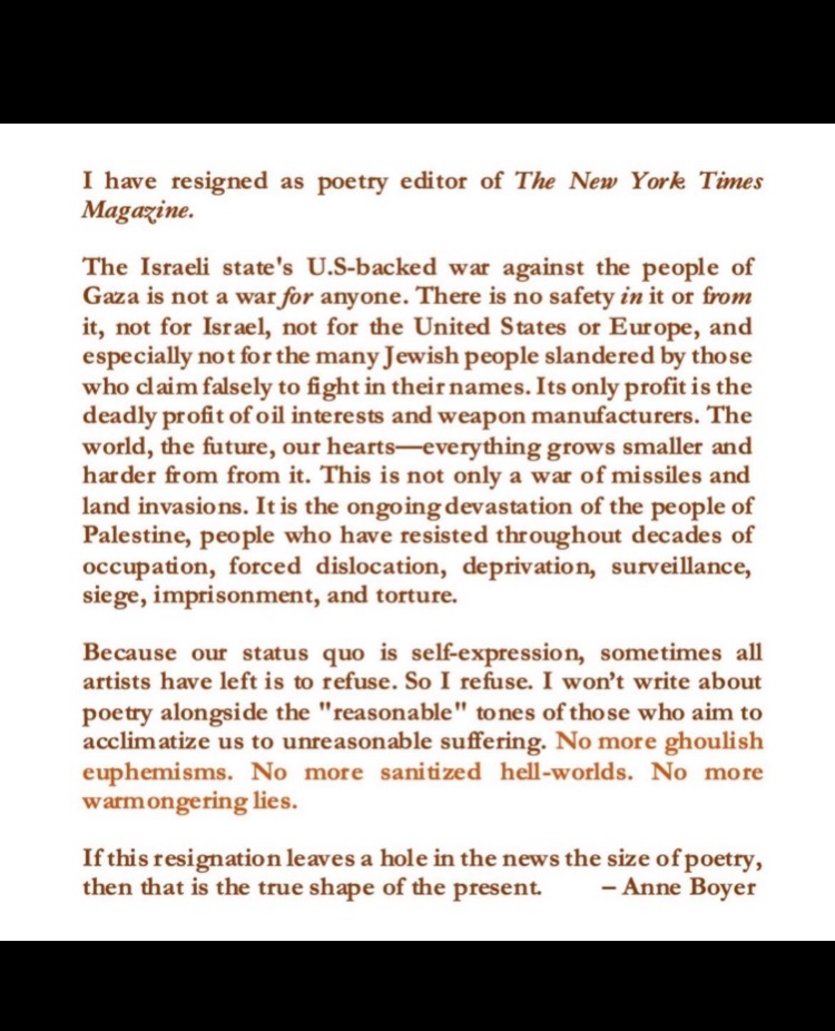“If this resignation leaves a hole in the news the size of poetry, then that is the true shape of the present” Anne Boyer 💚