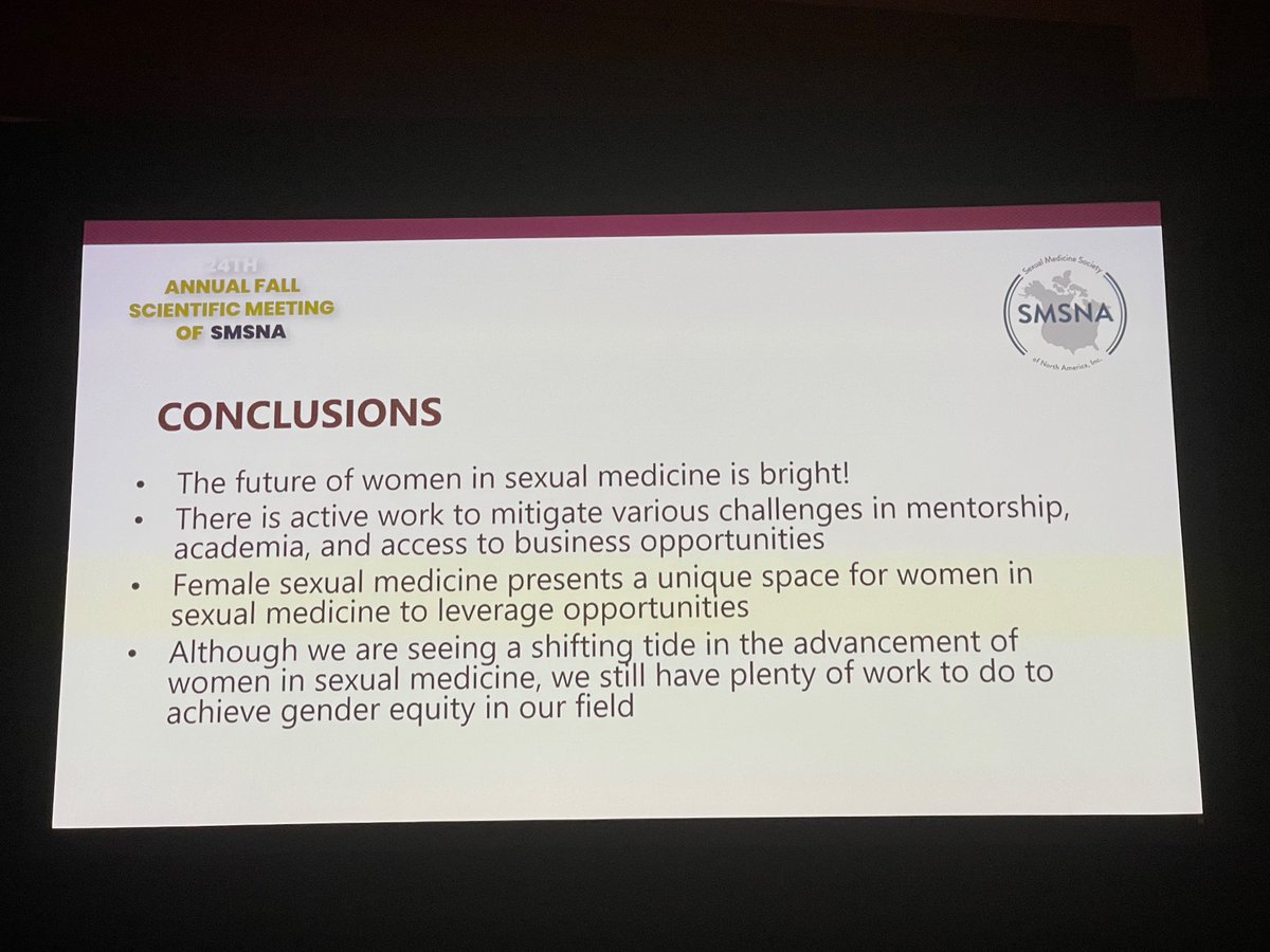 ➡️ Next up is @DrDenise_ @LoyolaUrology discussing future challenges facing 🚺 urologists ✅ 246/769 @SMSNA_ORG members are women 👏🏼 📈 Shift in 🌊 for women in sexual medicine but more work to be done 💪🏼