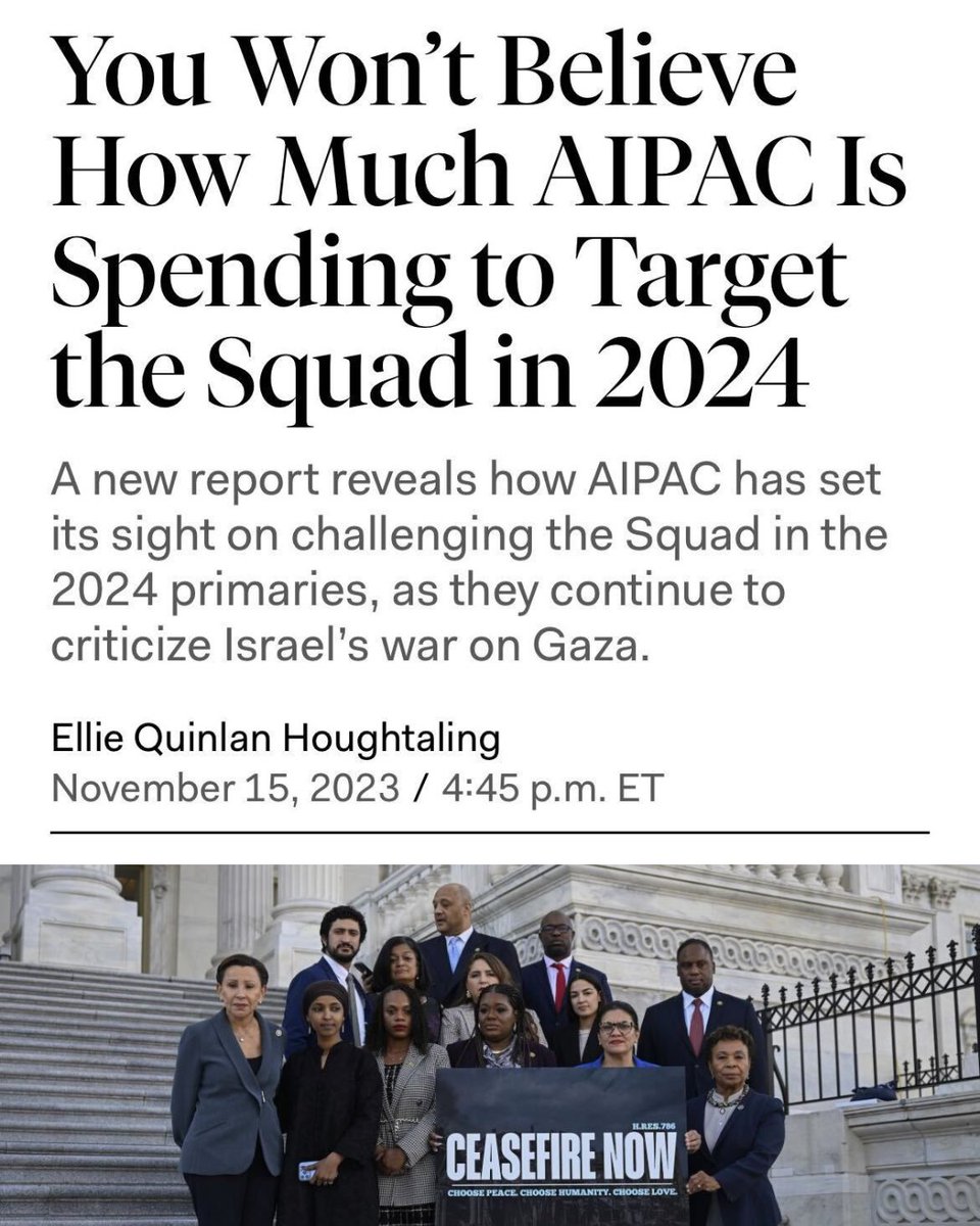 Yesterday, reports emerged that the American Israel Public Affairs Committee (AIPAC) is prepared to spend over $100 MILLION to oust Working Families Party champions from Congress in 2024. If these reports are accurate, we’re in completely unprecedented territory. 🧵