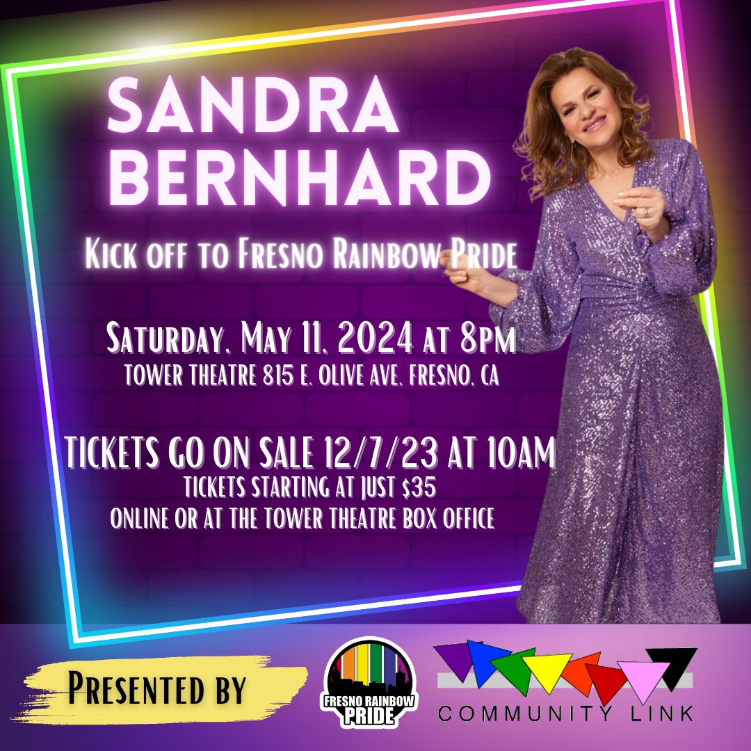 pride_fresno's tweet photo. Tickets go on sale in 3 weeks! Come see @SandraBernhard live at the Tower Theatre in May! https://t.co/fM6brtNZtF