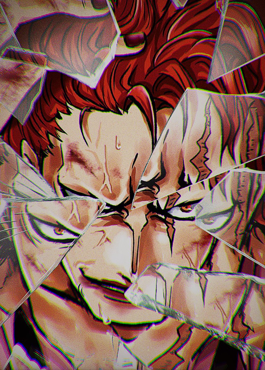 ryoumen sukuna (jujutsu kaisen) male focus broken glass blood looking at viewer 1boy red hair crack  illustration images