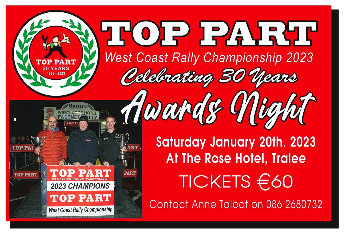 Top Part West Coast Rally Championship (@wcrchampionship) on Twitter photo Top Part Awards Rose Hotel Tralee .
Contact the hotel for accommodation on 0667199100 or e mail reservations@therosehotel.com
For Tickets contact Anne Talbot on 0862680732 or email atalbotbubbles@gmail.com
<a href="/WesleyRoberts13/">Wesley Roberts</a>
<a href="/JjtynanJohn/">John Tynan</a>
<a href="/KerryMotorClub/">Kerry Motor Club</a>
<a href="/birrstagesrally/">Birr Motor Club</a>
@SLIGO Top Part Awards Rose Hotel Tralee .
Contact the hotel for accommodation on 0667199100 or e mail reservations@therosehotel.com
For Tickets contact Anne Talbot on 0862680732 or email atalbotbubbles@gmail.com
<a href="/WesleyRoberts13/">Wesley Roberts</a>
<a href="/JjtynanJohn/">John Tynan</a>
<a href="/KerryMotorClub/">Kerry Motor Club</a>
<a href="/birrstagesrally/">Birr Motor Club</a>
@SLIGO