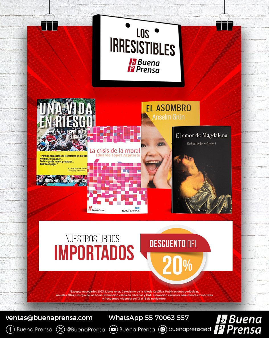 BuenaPrensa's tweet image. 🚨📢 ¡Último día con #irresistibles descuentos! Todos los títulos #importados con un 20% de descuento.

⚠ Consulta términos y condiciones
🌐 buenaprensa.com/librerias
☎ 55 5546 45 00
📲 55 7006 3557

#BuenaPrensa #Noviembre #LibreríaJesuita #ObraJesuita #EnTodoAmarYServir