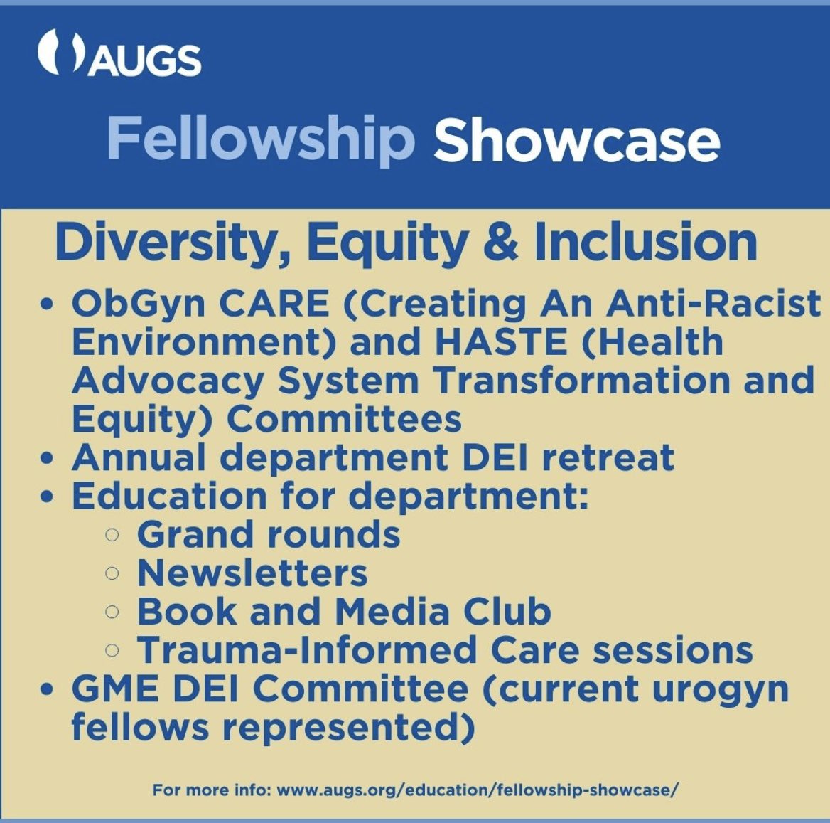 DEI efforts and programs are an important part of not just our division but at OHSU as a whole. Take a peek at some of the things we participate in!

<a href="/ohsufpmrs/">ohsufpmrs</a> 

#FutureFellowsofAUGS #FutureUrogynFellows #AUGSFellowshipShowcase #Obgyn #Obgyntwitter #MedEd #Medtwitter