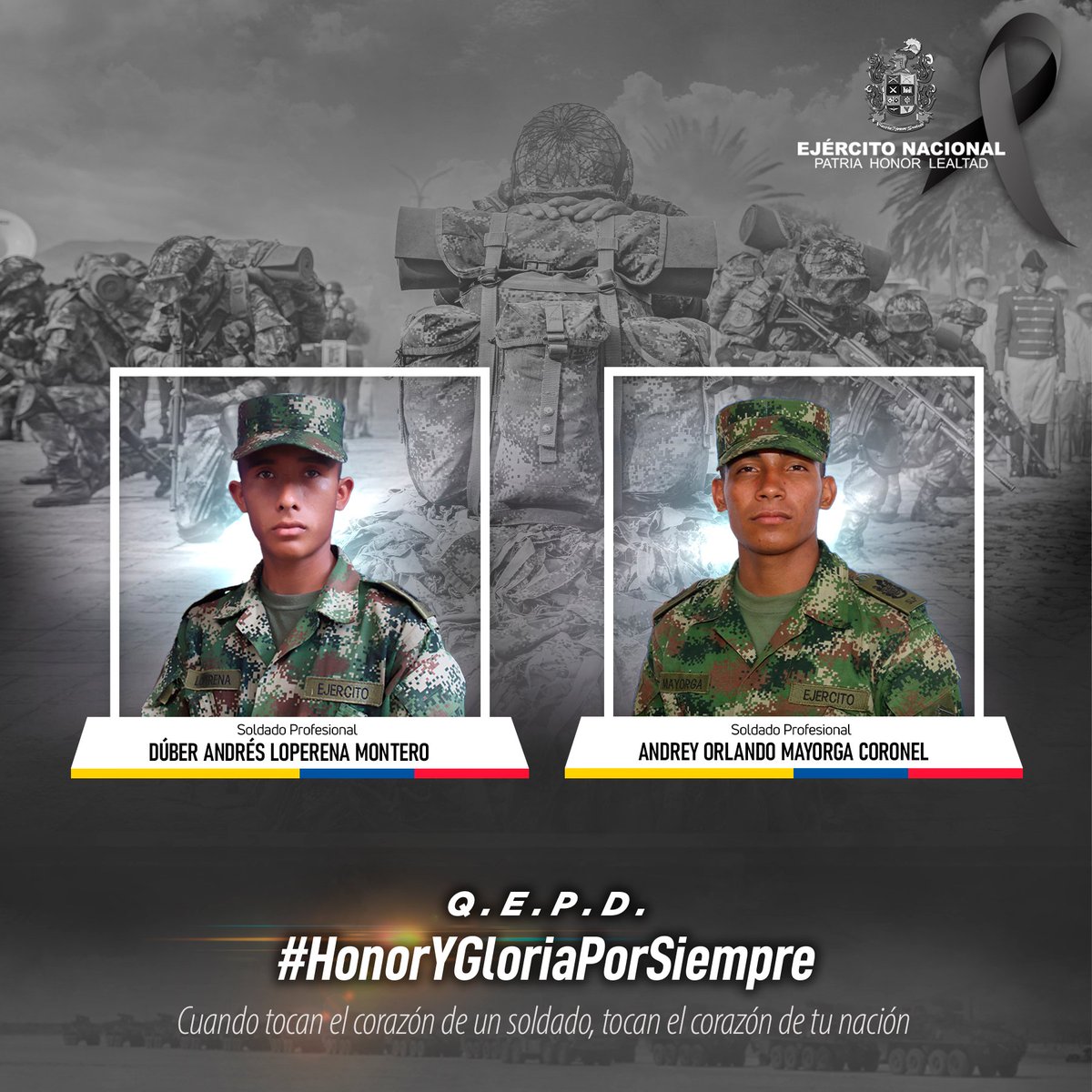 Ejercito_Div7's tweet photo. Rechazamos el asesinato de nuestros soldados Dúber Loperena y Andrey Mayorga, víctimas de un artefacto explosivo instalado en una máquina amarilla cuando adelantaban operaciones para proteger a la población de la vereda Puerto Rico, en Anorí, #Antioquia.

#HonorYGloriaPorSiempre https://t.co/OLQOmCelgv