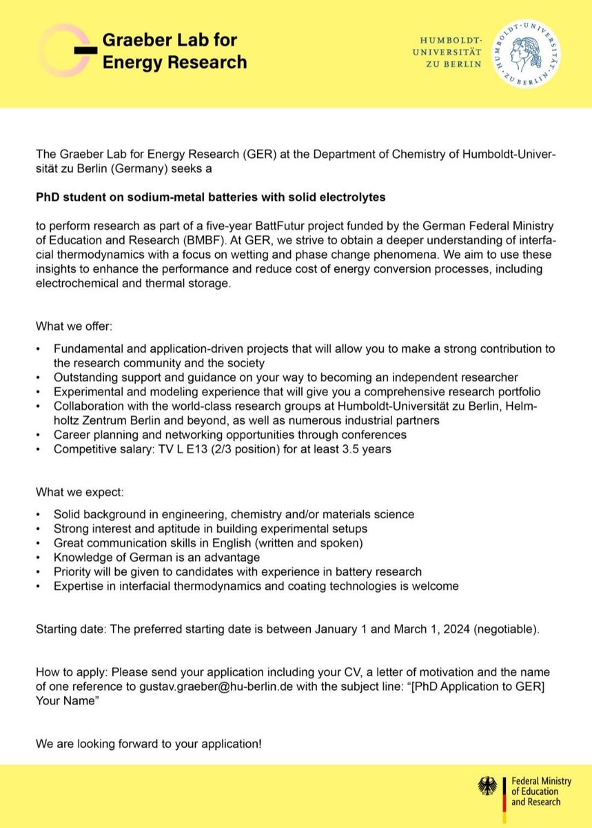 'Interested in #energyresearch?

Amazing #phdposition is available with Dr. Gustav Graeber at Humboldt-Universität zu Berlin, Germany.

Send a letter of motivation, CV, and contact details of one reference to gustav.graeber@hu-berlin.de with the subject line: 'PhD Application to