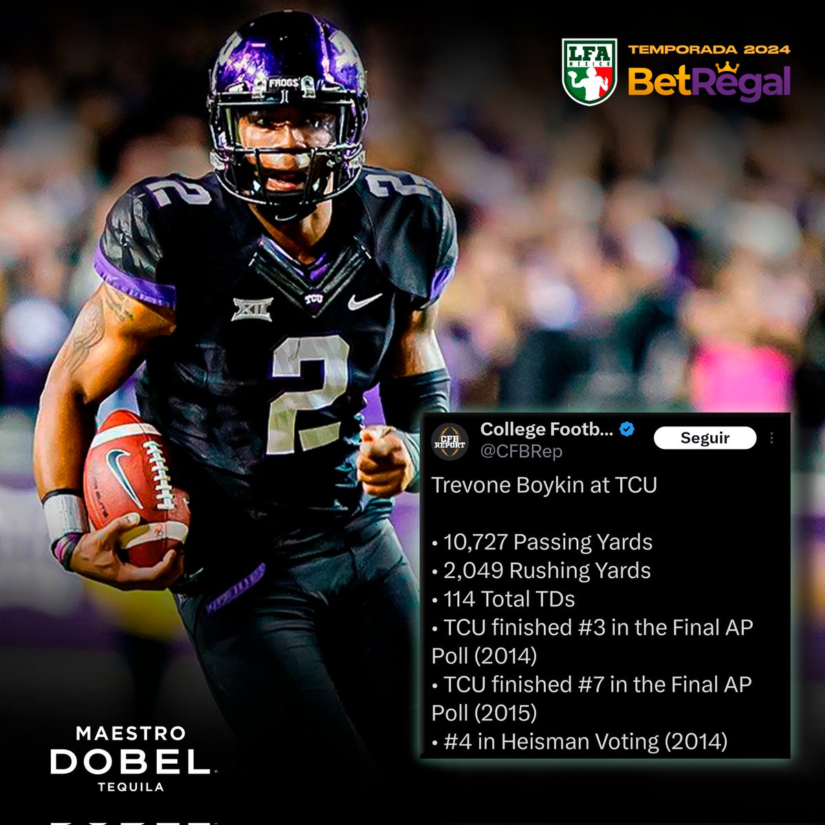 LFA_Mex's tweet photo. #AficiónLFA
.
¿Quién vio a @2TBoykin en su etapa con @TCUFootball? Simplemente espectacular. 

📽️: @CFBRep (vía x).

~ @maestrodobelmx.
.
#SigueLaLFA #MásLFA #VamosGalgos #FútbolAmericano https://t.co/OUoBjHCwyB