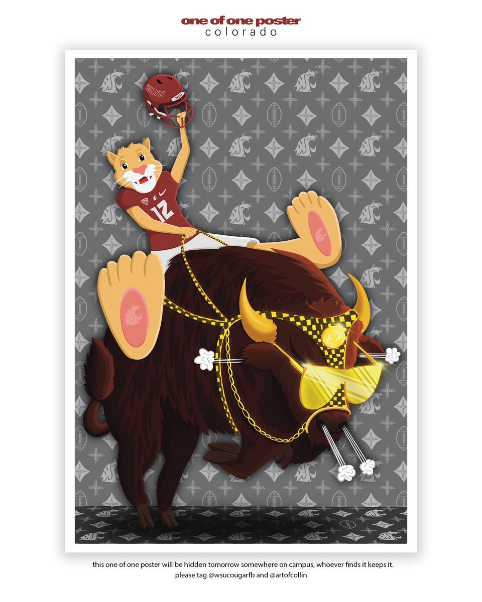 WSUCougarFB's tweet photo. The last Pullman 1 of 1 poster for tomorrow🖼

The printed poster will be hidden around 4pm, somewhere on campus and posted on our page with a hint for where it is. Good luck and make sure to tag us in your story or in the comments.

#GoCougs | #WAZZU | #CVE23 https://t.co/QIw2M74xvz