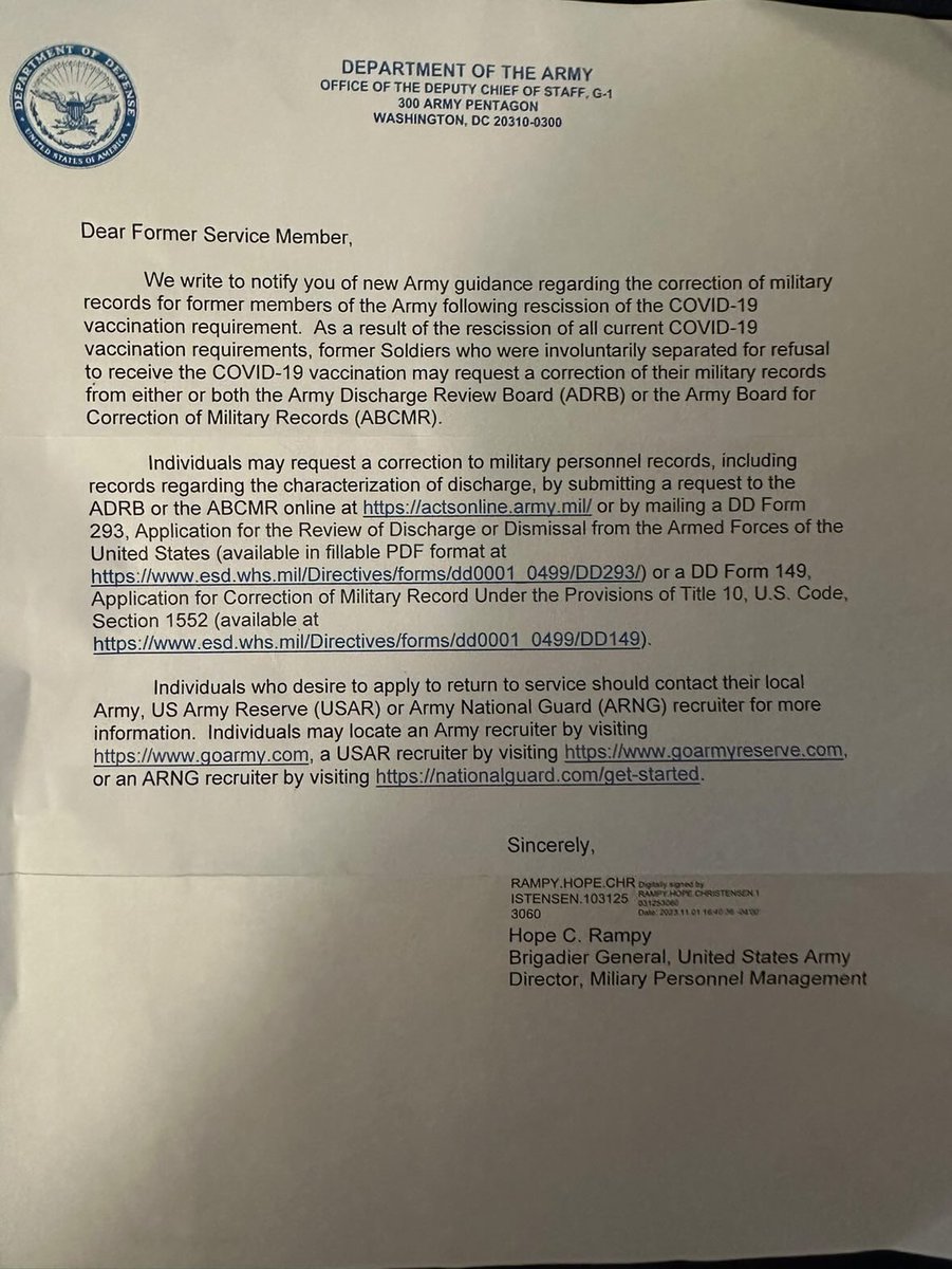 A letter is going out to soldiers which says, “former Soldiers who were involuntarily separated for refusal to receive the COVID-19 vaccination may request a correction of their military records.”

It also says “Individuals who desire to apply to return to service should contact