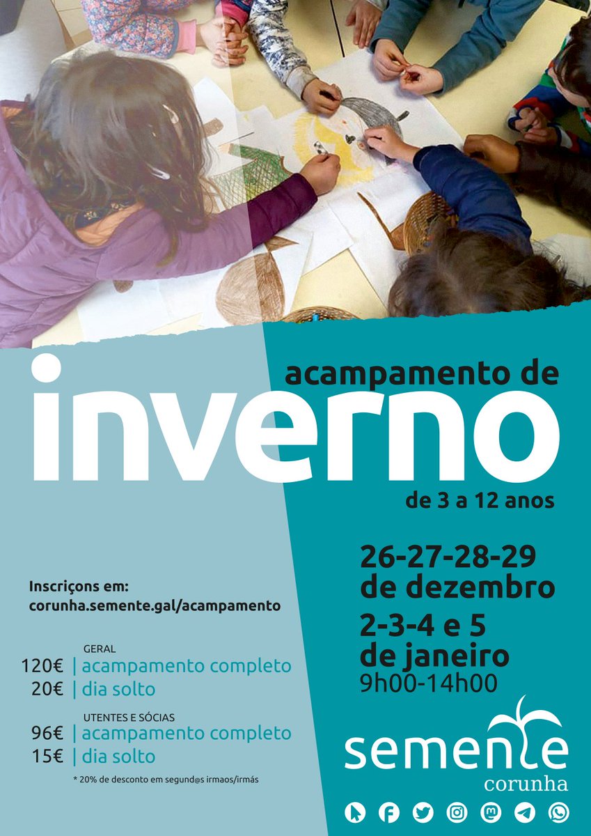 A Semente Corunha anúncia o seu acampamento de inverno, que este ano desenvolveremos do 26 ao 29 de dezembro e do 2 ao 5 de janeiro. Inscreve-te aqui: corunha.semente.gal/acampamento