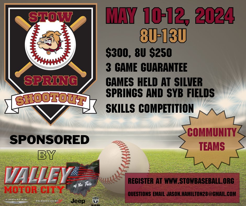 Announcing a new Community Tournament in Stow!  We would love to host your teams!  Go to stowbaseball.org/stowspringshoo… for more information!
