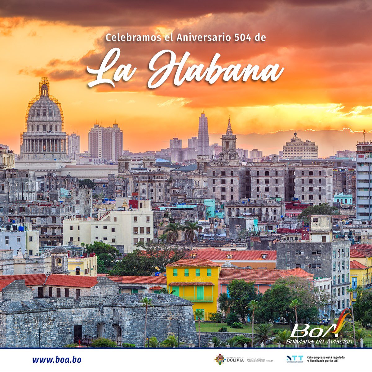 BoABolivia's tweet photo. Hoy La Habana celebra 504 años, te invitamos a conocer este destino único. Vuelos directos todos los jueves desde Santa Cruz #lahabana #cubaunica #boa #conocer #disfruta #vive https://t.co/HcJA8rSggJ