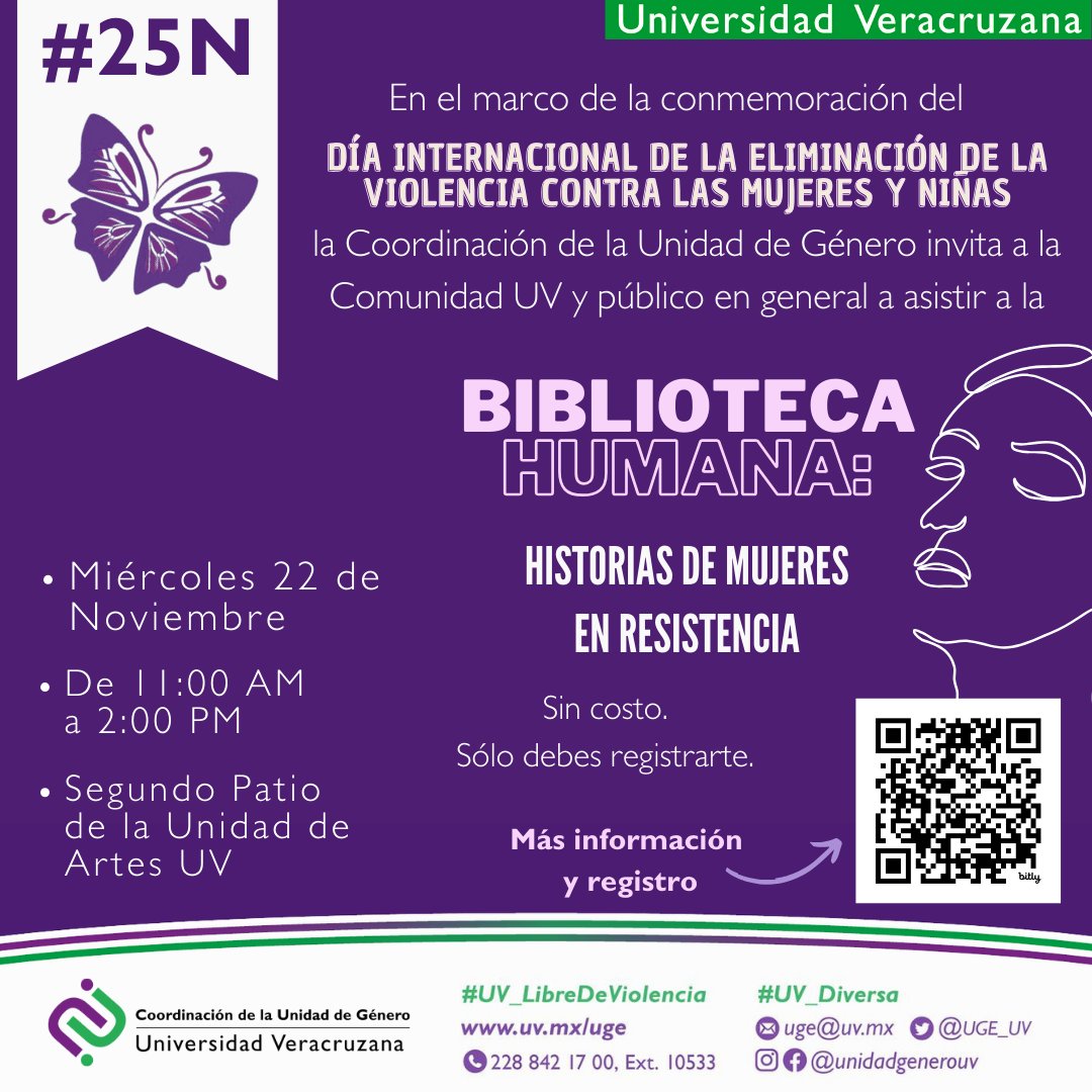 📷 ¡Ven a conocer historias de mujeres en resistencia y juntxs derribemos esos estereotipos, mandatos y prácticas que nos violentan! 
Les invitamos a asistir a esta actividad organizada en el marco de la conmemoración del #25N 
Detalles y registro en: uv.mx/uge/general/bi…