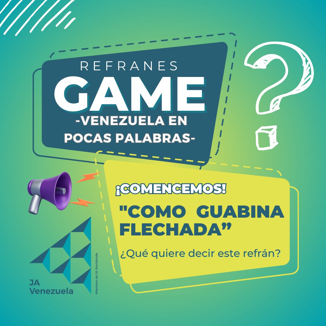 #VenezuelaEnPocasPalabras 🇻🇪

Seguimos con nuestra sección... Veamos si conoces este refrán...
"COMO GUABINA FLECHADA”

¿Qué quiere decir este refrán?
¡Coméntanos! 📲

#JaVenezuela #Venezuela #Emprendedor #Joven #Educacion #Venezuela #Aprendizaje #Aprender #Refran #VenezolanoSoy