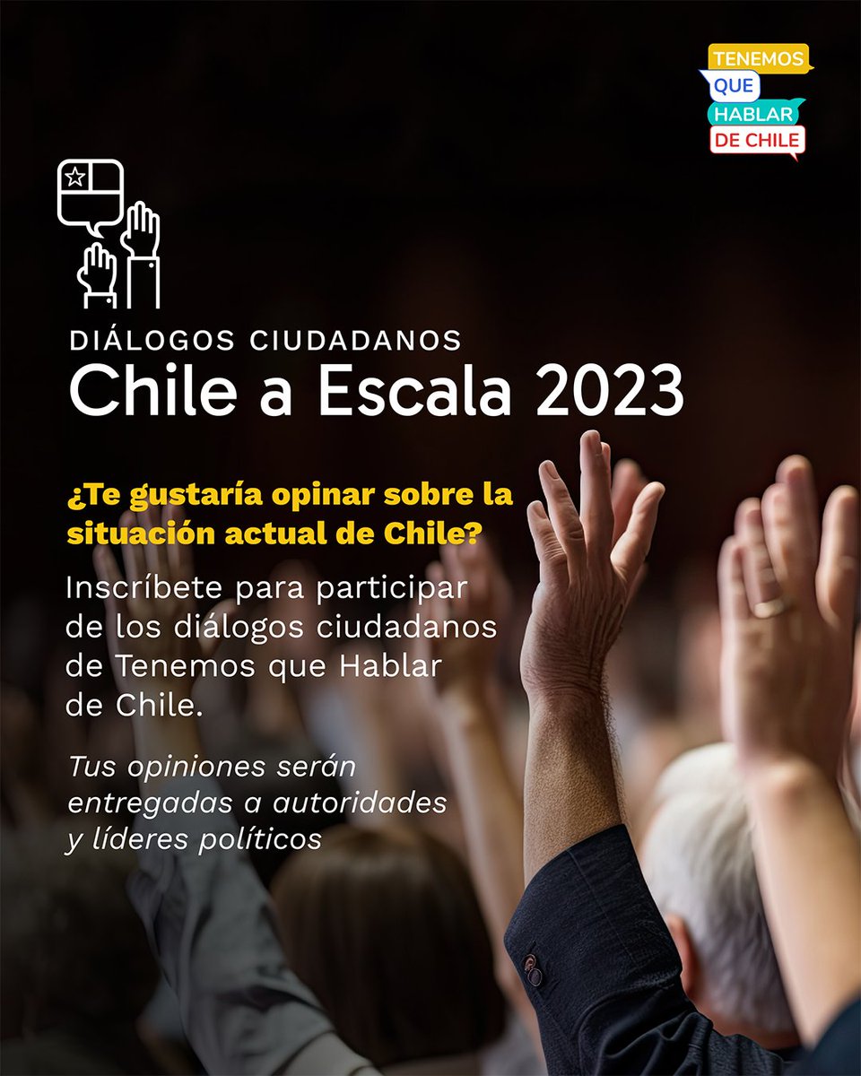 INJUV Chile (@injuvchile) on Twitter photo ¿Te gustaría dar tu opinión sobre la situación actual de Chile?
¡La voz de los jóvenes es fundamental!✨️
Si tienes entre 18 y 29 años participa en de los Diálogos Ciudadanos de <a href="/tqhdch/">Tenemos que Hablar de Chile 🇨🇱</a>. Inscríbete en tenemosquehablardechile.typeform.com/ChileEscala ¿Te gustaría dar tu opinión sobre la situación actual de Chile?
¡La voz de los jóvenes es fundamental!✨️
Si tienes entre 18 y 29 años participa en de los Diálogos Ciudadanos de <a href="/tqhdch/">Tenemos que Hablar de Chile 🇨🇱</a>. Inscríbete en tenemosquehablardechile.typeform.com/ChileEscala