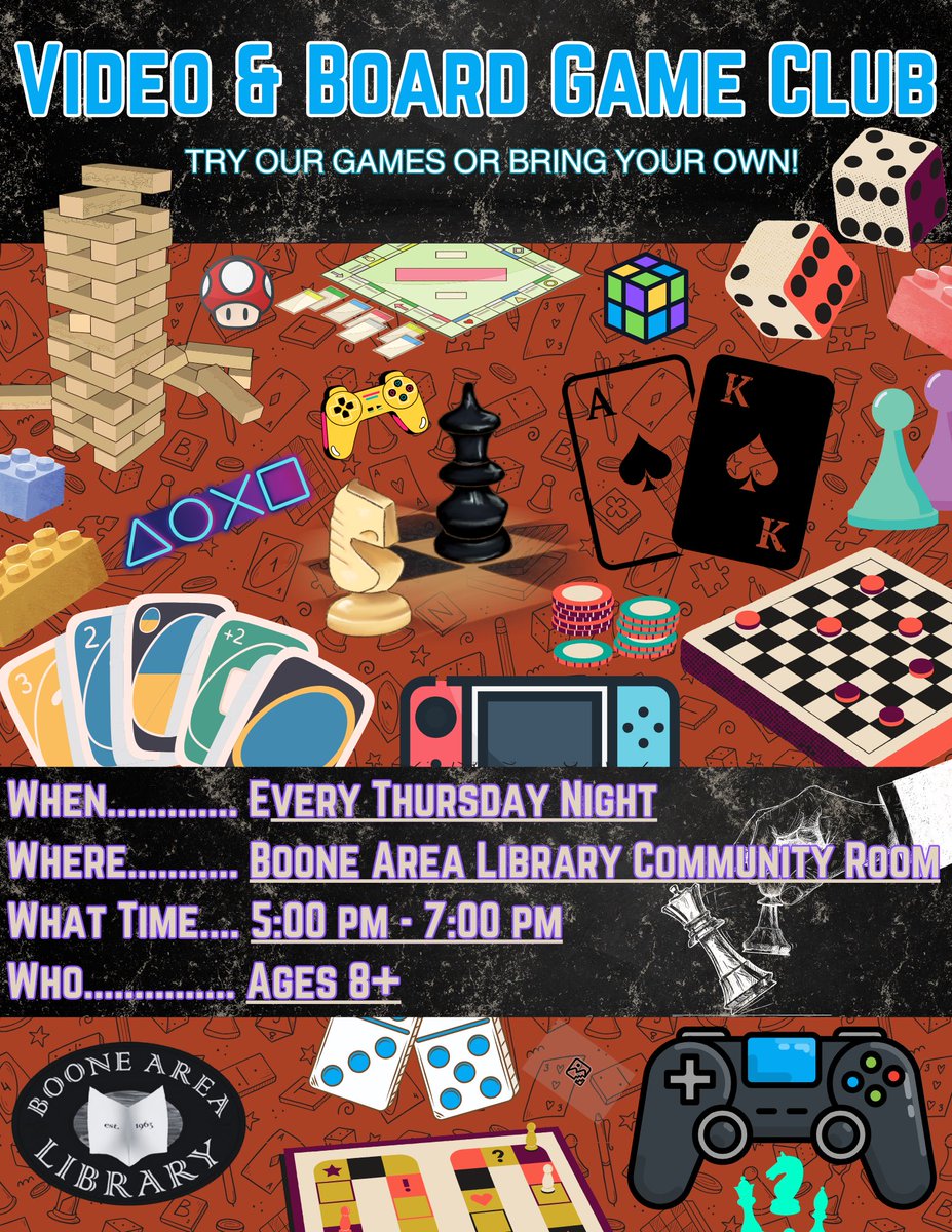 BooneAreaLib's tweet image. We now have a game club and so far it’s been a success! Hope to see more of you there! Held every Thursday 5pm - 7pm, ages 8+.