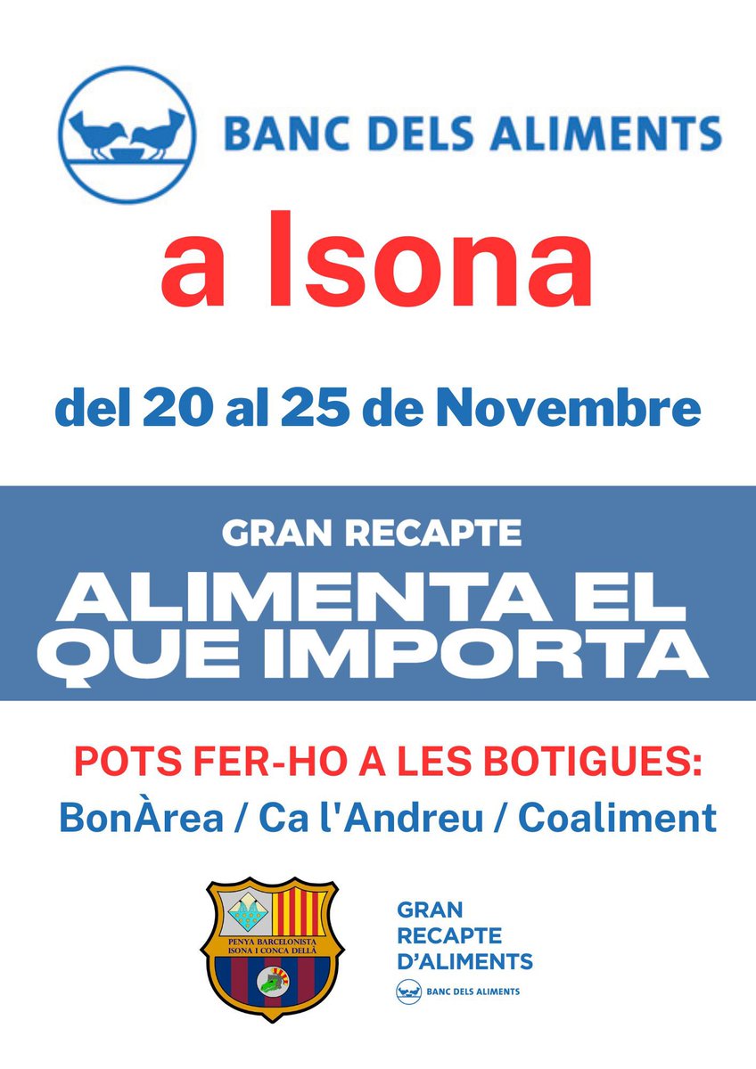 PB Isona i Conca Dellà (@pbisona) on Twitter photo Del dilluns 20 al dissabte 25 organitzem de nou el Gran Recapte pel #bancdelsaliments a #isona
<a href="/BALleida/">BancAlimentsLleida</a> #solidaritat #alimentaelqueimporta Del dilluns 20 al dissabte 25 organitzem de nou el Gran Recapte pel #bancdelsaliments a #isona
<a href="/BALleida/">BancAlimentsLleida</a> #solidaritat #alimentaelqueimporta