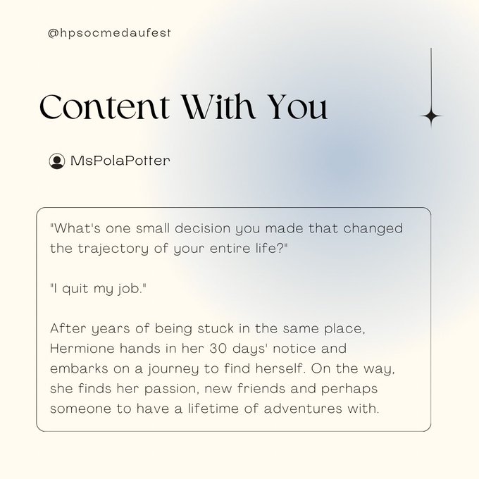 ⭐️ REVEALS DAY FOUR⭐️

Content With You
by @mspolapotter

archiveofourown.org/collections/hp…