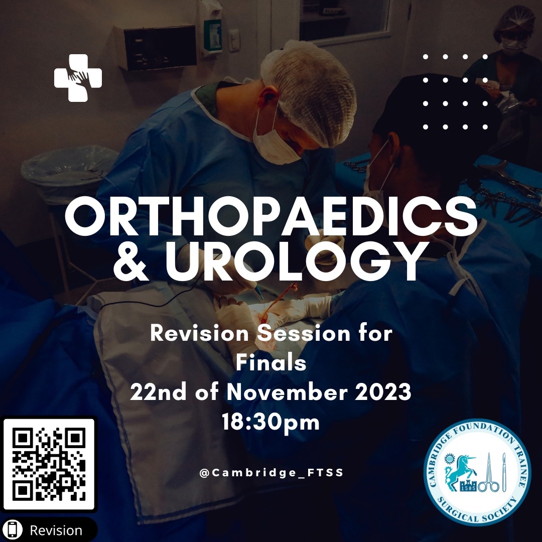Join us on our Surgical Revision Session for Final Year Medical Students on Wednesday 22nd of November 2023. On this session we will be focusing on Orthopedics and Urology for Finals
These topics will be presented by our own Dr. Madeleine Young and Dr. Sikandar Khan ✨
