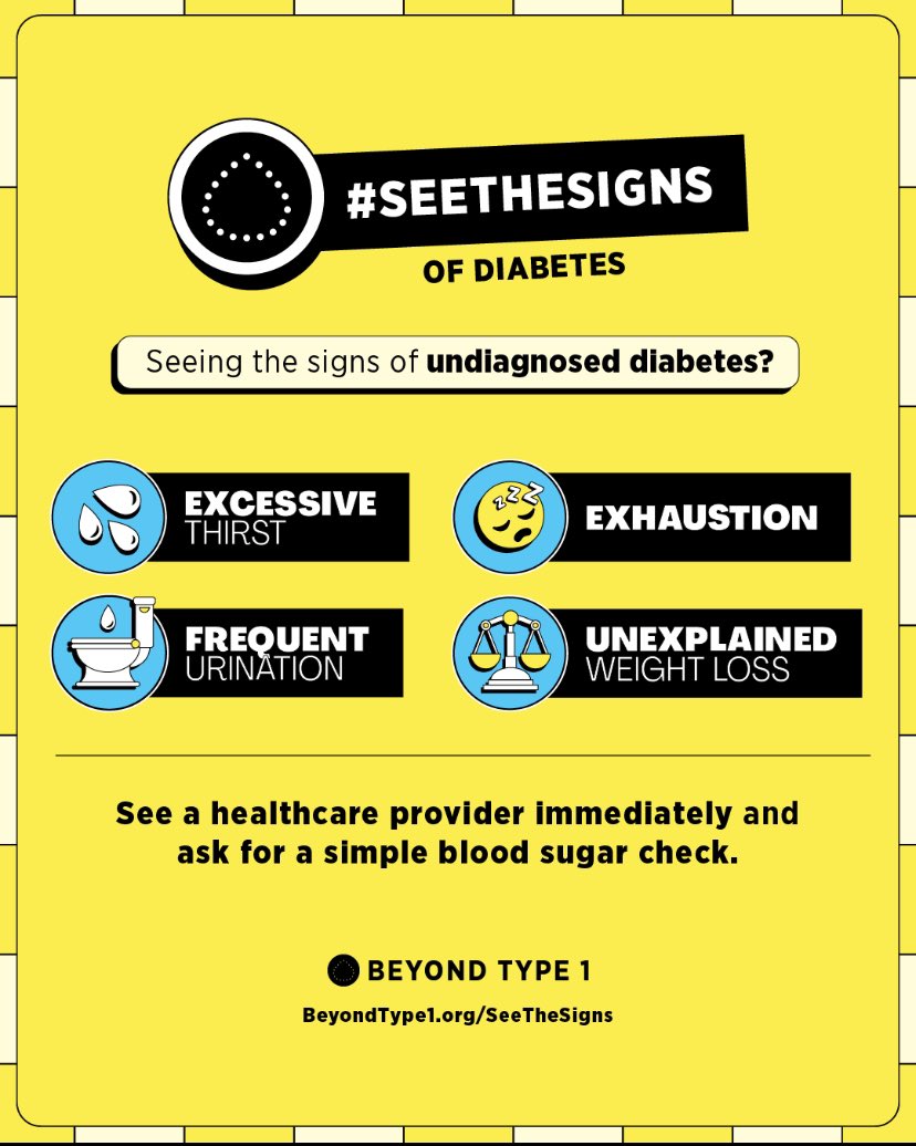 Kent u de symptomen van type 1 diabetes?

- grote dorst
- vaak plassen
- vermoeidheid 
- onverklaarbaar gewichtsverlies 

Laat je bloed 🩸 controleren bij een arts! 

#SeeTheSigns #type1diabetes