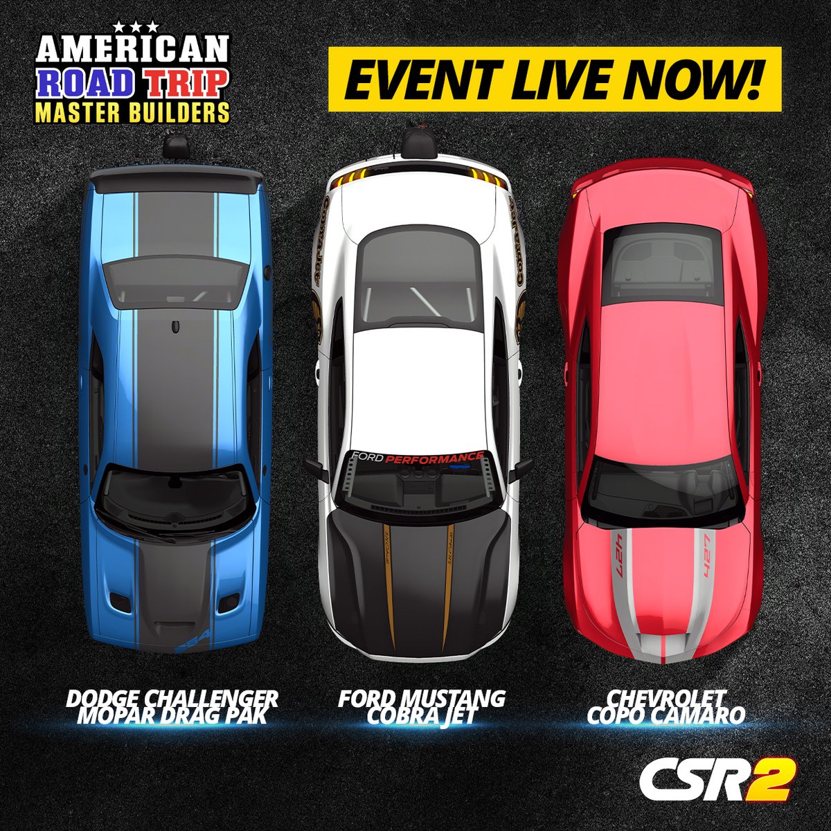 Chevrolet COPO Camaro, Ford Mustang Cobra Jet, and Dodge Challenger MOPAR Drag Pak? Choose your favourite from these drag-optimized muscle cars in the ART3 Trinity at Wyoming.

Play here: zynga.social/csr2tw 

#CSR2 #CSRRacing #ART3 #AmericanRoadTrip #Chevrolet #Ford #Dodge