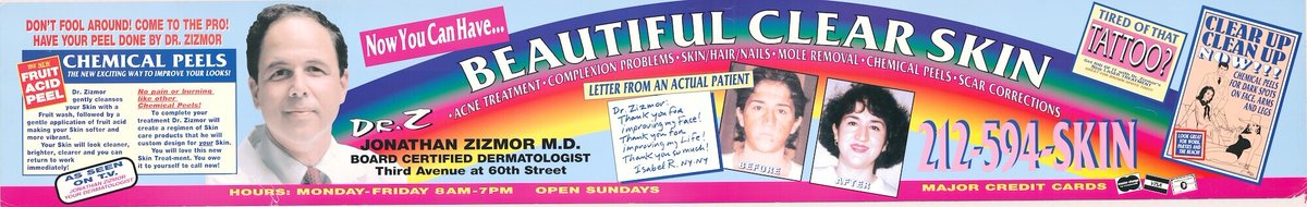 NYTransitMuseum's tweet photo. Nowadays, we are used to seeing ads on the #NYCsubway for medical services, but when Dr. Zizmor began advertising his dermatology practice in subway cars in the early 1980s, he was the first. Indeed, he became the most famous doctor in #NYC. Do you remember Dr. Zizmor? https://t.co/4BXJwHOKVp