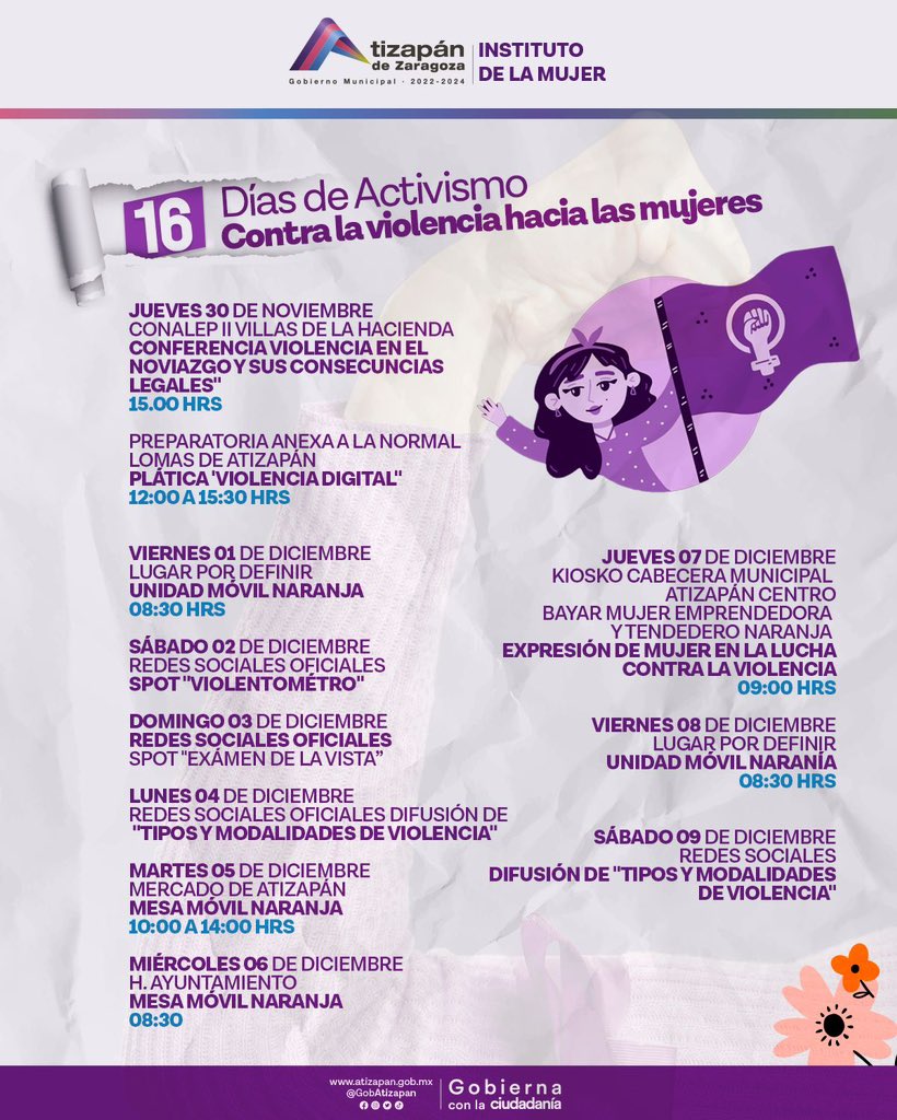 No te pierdas de las conferencias, pláticas y actividades que tendremos durante 16 Días de Activismo, Conmemorativos a la Erradicación de  la Violencia Hacia las Mujeres, en el mes de noviembre y diciembre. 🧡✨

#GobernandoAFavorDeLasMujeres
#UnidosDamosMejoresResultados