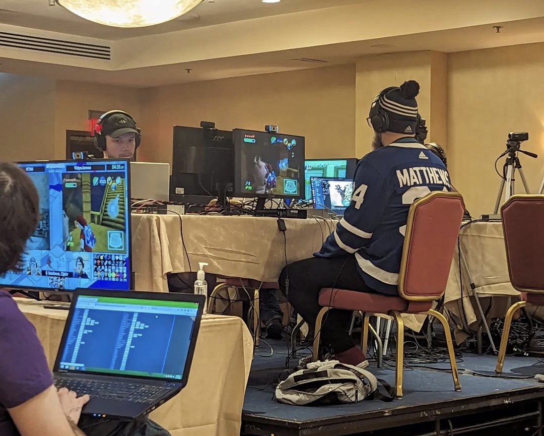 Vidya_James's tweet photo. After a year of us talking it up, I finally got to race WTHH in OoTR this weekend, and you know we had to rep our hockey rivalry on the big stage. Big fan of how this looked to the audience, and one of the biggest highlights of SGL for me (even though I lost lol) https://t.co/Nk0PJpkWpb