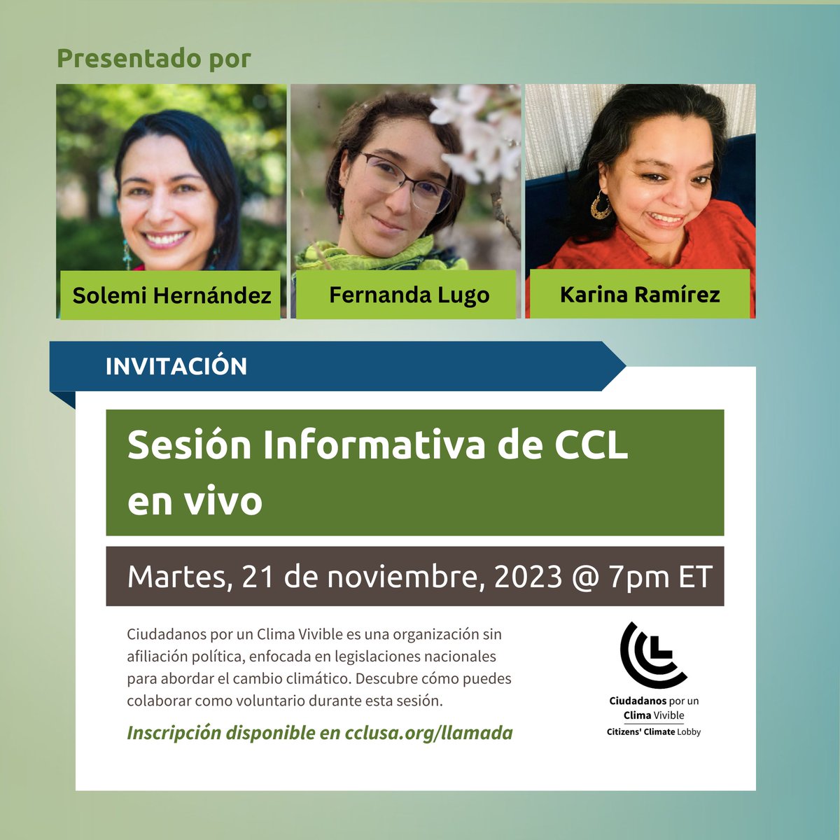 CCLclimavivible's tweet photo. #CCLsesióninformativa Descubra cómo creamos la voluntad política para obtener #solucionesclimáticas en EE.UU. durante la próxima Sesión Informativa de CCL en vivo.   
🗓 martes, 21 de noviembre 
📷 7 pm Hora del Este

Inscripción: https://t.co/wVi9X5vOQP https://t.co/DKfMHcScmo